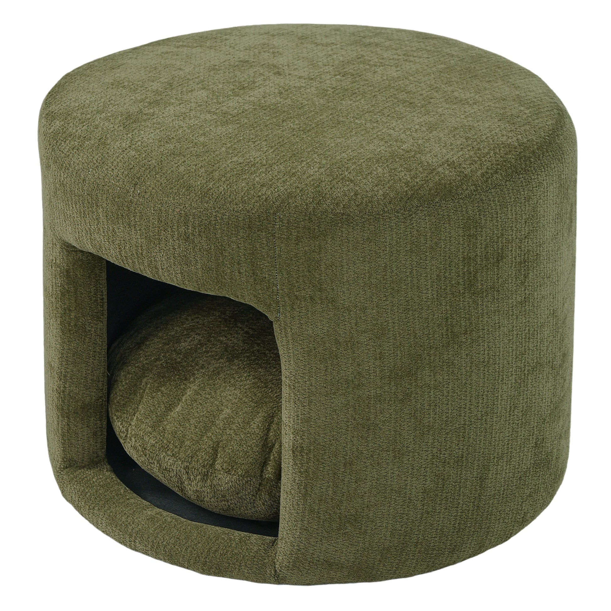Ottoman green pet-friendly with removable cushion and hidden pet nook in olive green fabric on Tampa Home & Garden Store