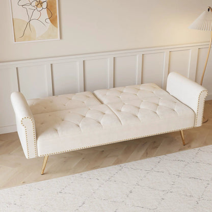 Luxurious white tufted futon sofa bed with nail head trim and wood legs on Tampa Home & Garden Store