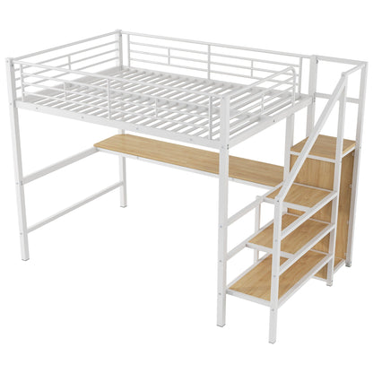 Loft bed with desk and storage staircase white metal by HouseOfZazla with LED light on Tampa Home & Garden Store