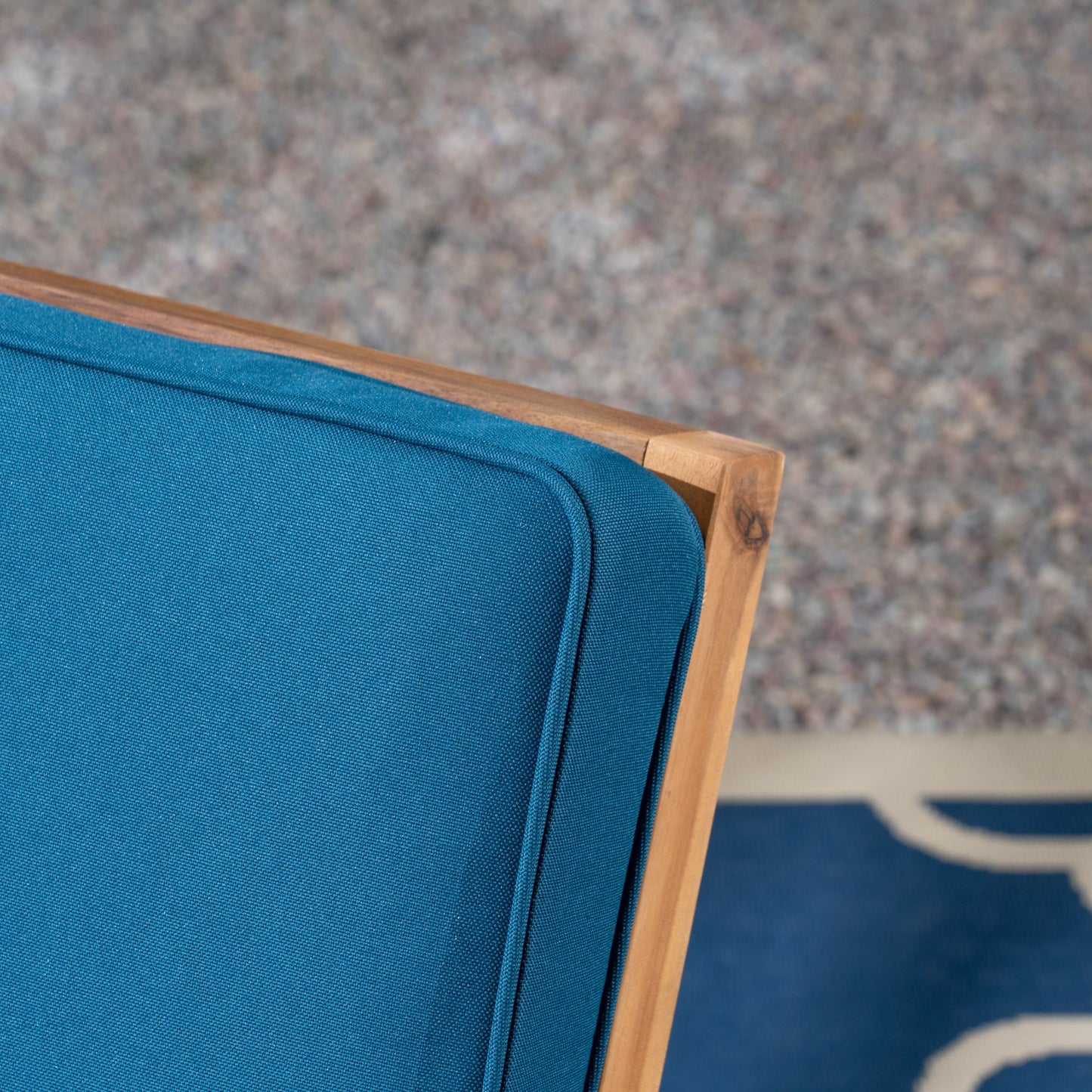 Celestaria 3-Piece Outdoor Chat Set teal cushions on wooden chair frame close-up on Tampa Home & Garden Store