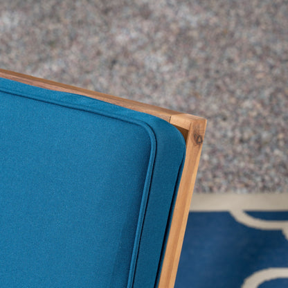 Celestaria 3-Piece Outdoor Chat Set teal cushions on wooden chair frame close-up on Tampa Home & Garden Store