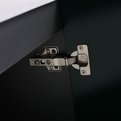 Freestanding bathroom vanity soft-close hinge close-up on dark cabinet panel on Tampa Home & Garden Store