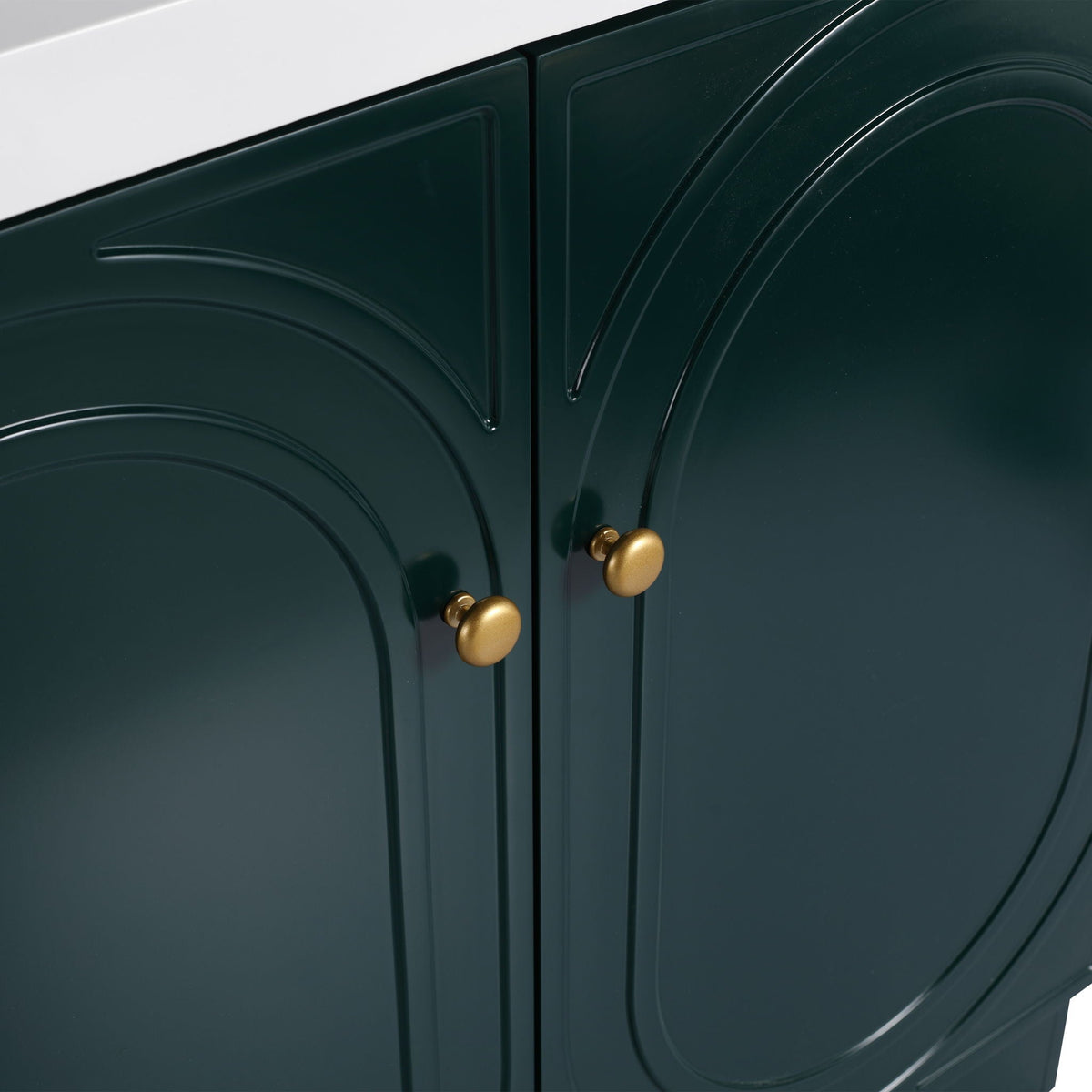 Freestanding Bathroom Vanity with Soft Close in dark green knobs and arched panels on Tampa Home & Garden Store