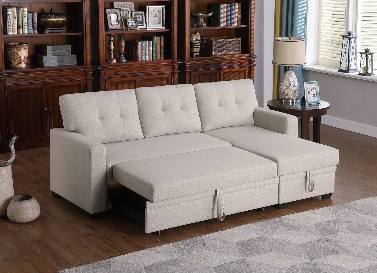 Upholstered pull-out sectional sofa with chaise in beige fabric by Unique Piece Furniture on Tampa Home & Garden Store