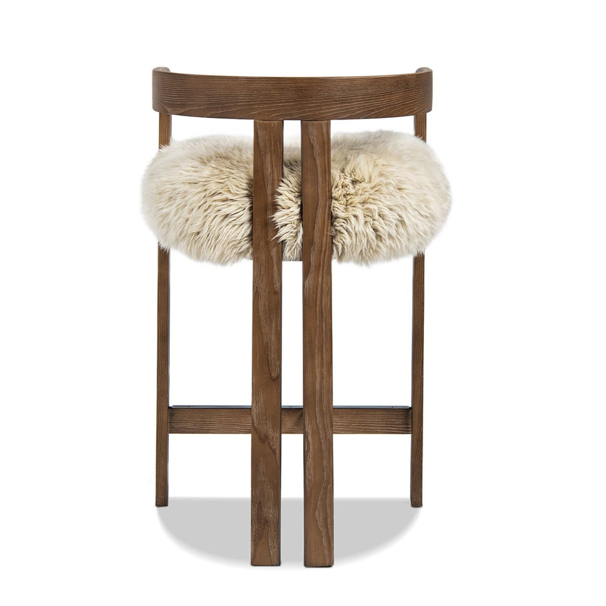 HouseOfZazla low back counter stool with sheepskin fur seat in dark brown wood on Tampa Home & Garden Store
