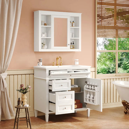 White bathroom vanity with mirror cabinet, single sink, 2 soft-closing doors and 4 drawers on Tampa Home & Garden Store