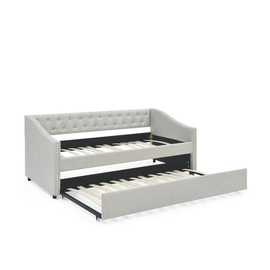 Upholstered tufted daybed with drawers and waved arms in grey fabric, Unique Piece trundle bed on Tampa Home & Garden Store