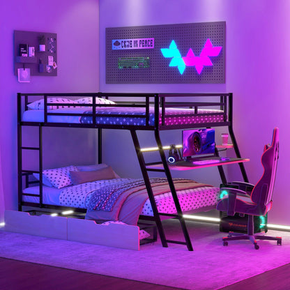 Black full-size bunk bed with built-in desk, LED light, and 2 drawers; COUGAR gaming setup underneath on Tampa Home & Garden Store