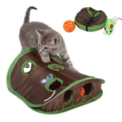 Cat interactive hide-seek tunnel toy Sell My Stuff, brown/green 9-hole den with mouse teaser on Tampa Home & Garden Store