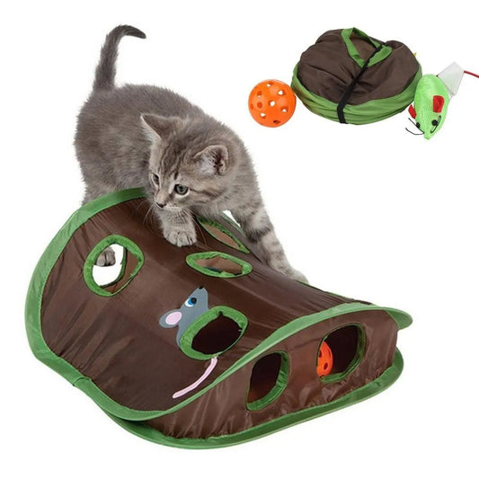 Cat interactive hide-seek tunnel toy Sell My Stuff, brown/green 9-hole den with mouse teaser on Tampa Home & Garden Store