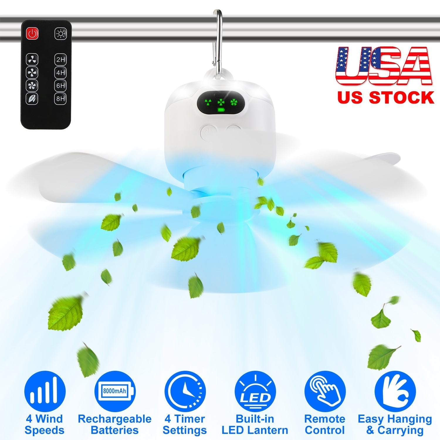 GemGear 2-in-1 camping fan with LED lantern, white, 8000mAh battery, carabiner, remote on Tampa Home & Garden Store