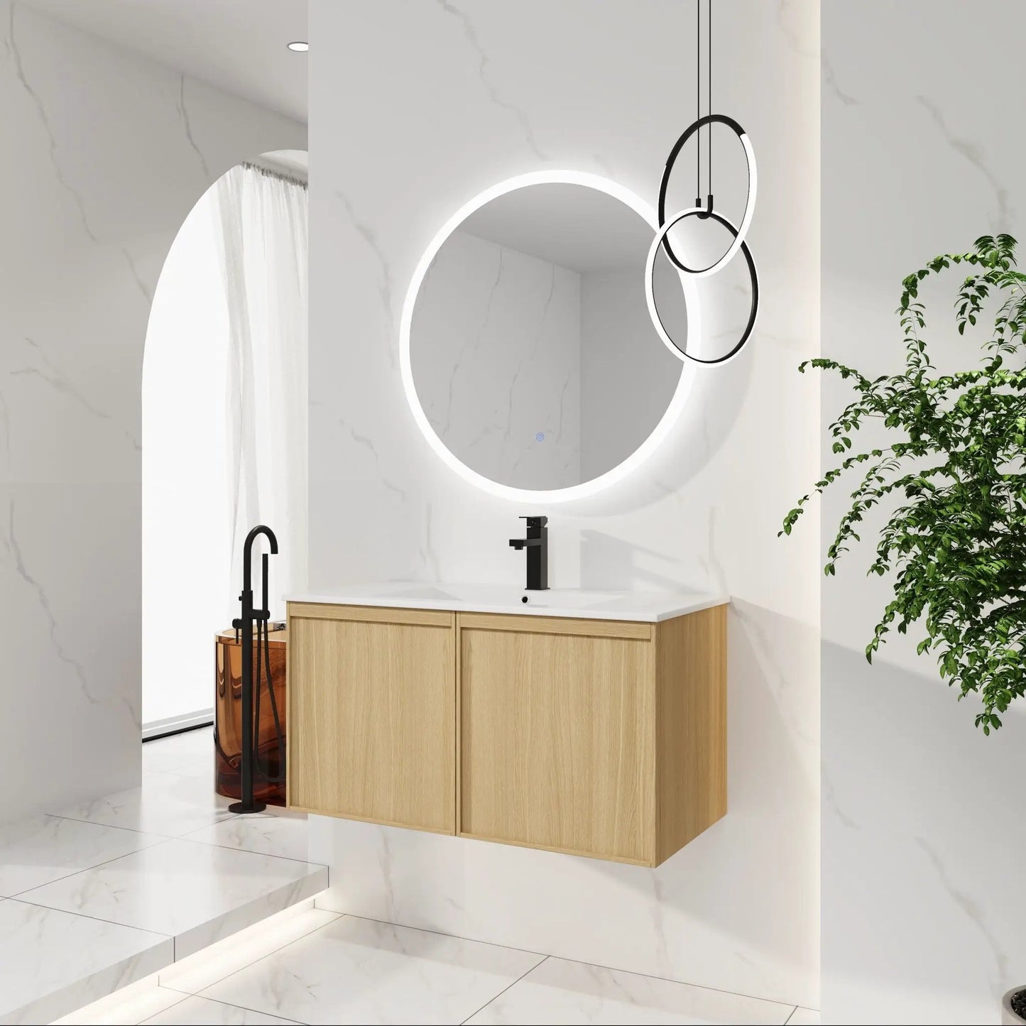 Floating Bathroom Vanity With Sink Combo in light oak wood, black faucet, round LED mirror on Tampa Home & Garden Store