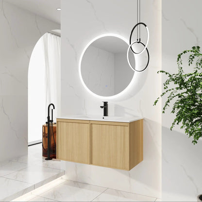 Floating Bathroom Vanity With Sink Combo in light oak wood, black faucet, round LED mirror on Tampa Home & Garden Store