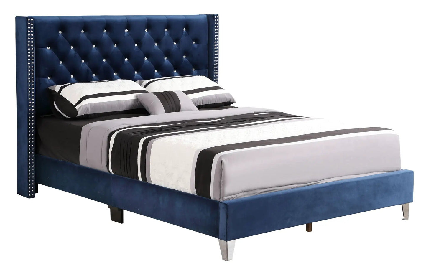 Upholstered Nailhead Trim Chic Bed blue velvet tufted headboard with crystal studs on Tampa Home & Garden Store