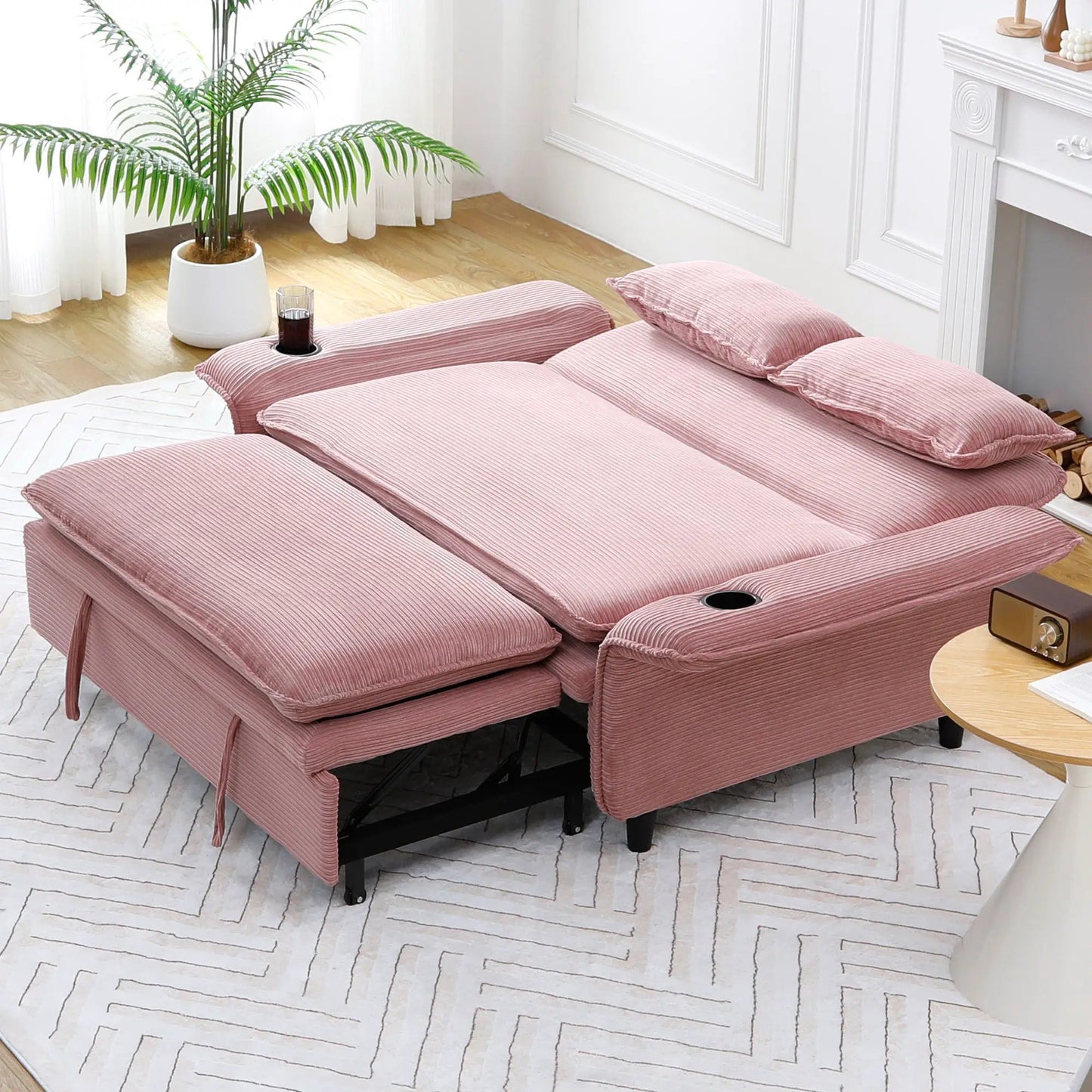 Modern fabric sleeper sofa bed with pink upholstery and adjustable armrests and backrests on Tampa Home & Garden Store