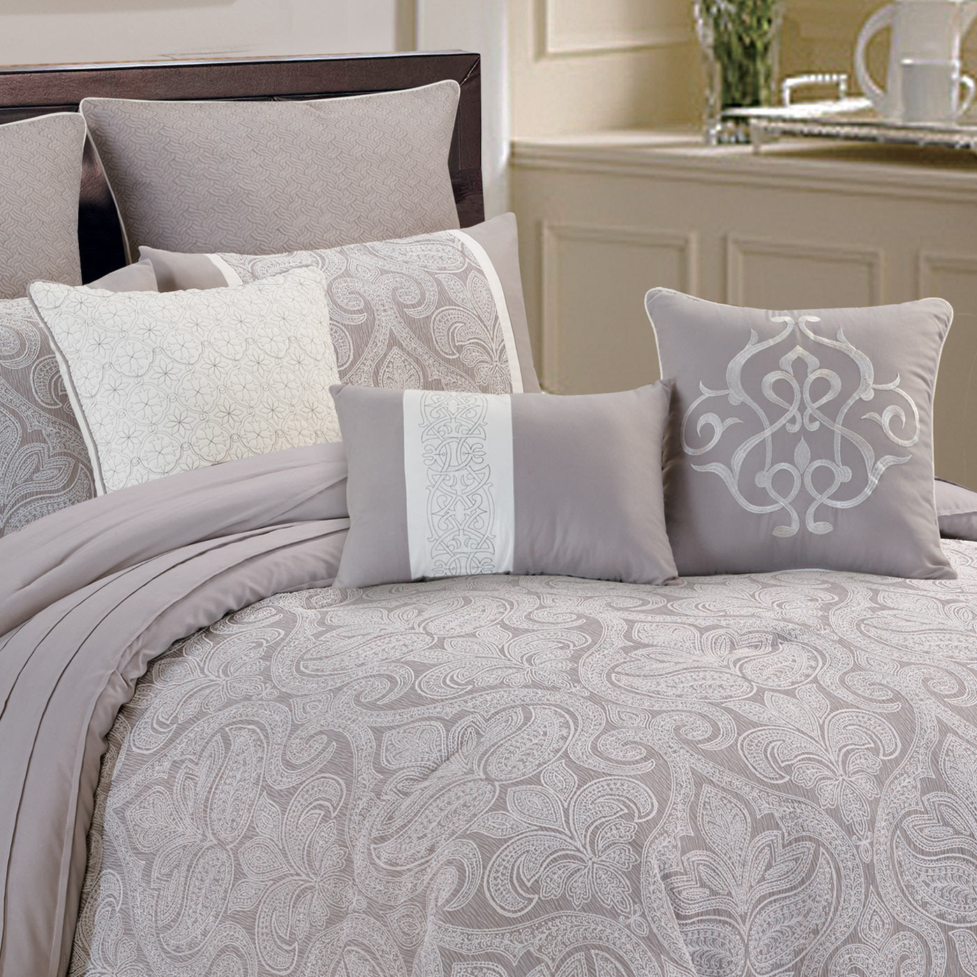 Winthrop Grey Damask Jacquard 9 Pc Comforter Set on bed with grey pillows by HouseOfZazla on Tampa Home & Garden Store