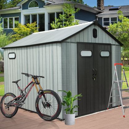 8x10ft outdoor resin storage shed in gray with black trim and double doors with windows on Tampa Home & Garden Store