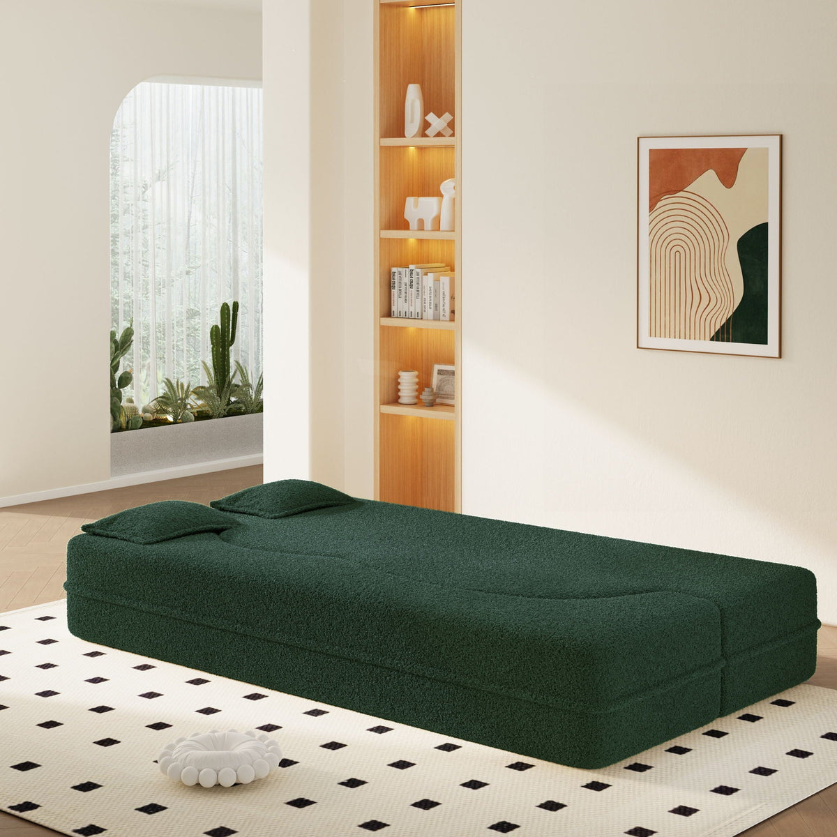 Modern Floor Sleeper Sofa Bed And Two Pillows