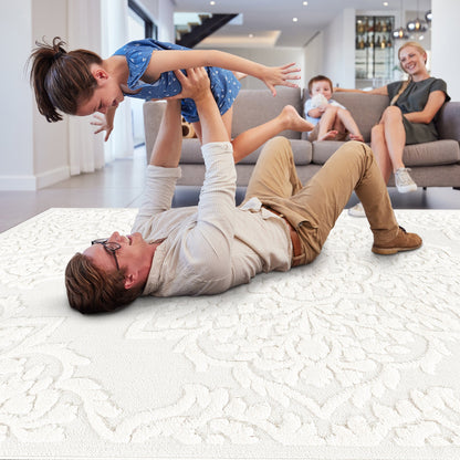 Cream medallion area rug with high-low pile in living room, 6 ft 7 in by 9 ft, HouseOfZazla on Tampa Home & Garden Store