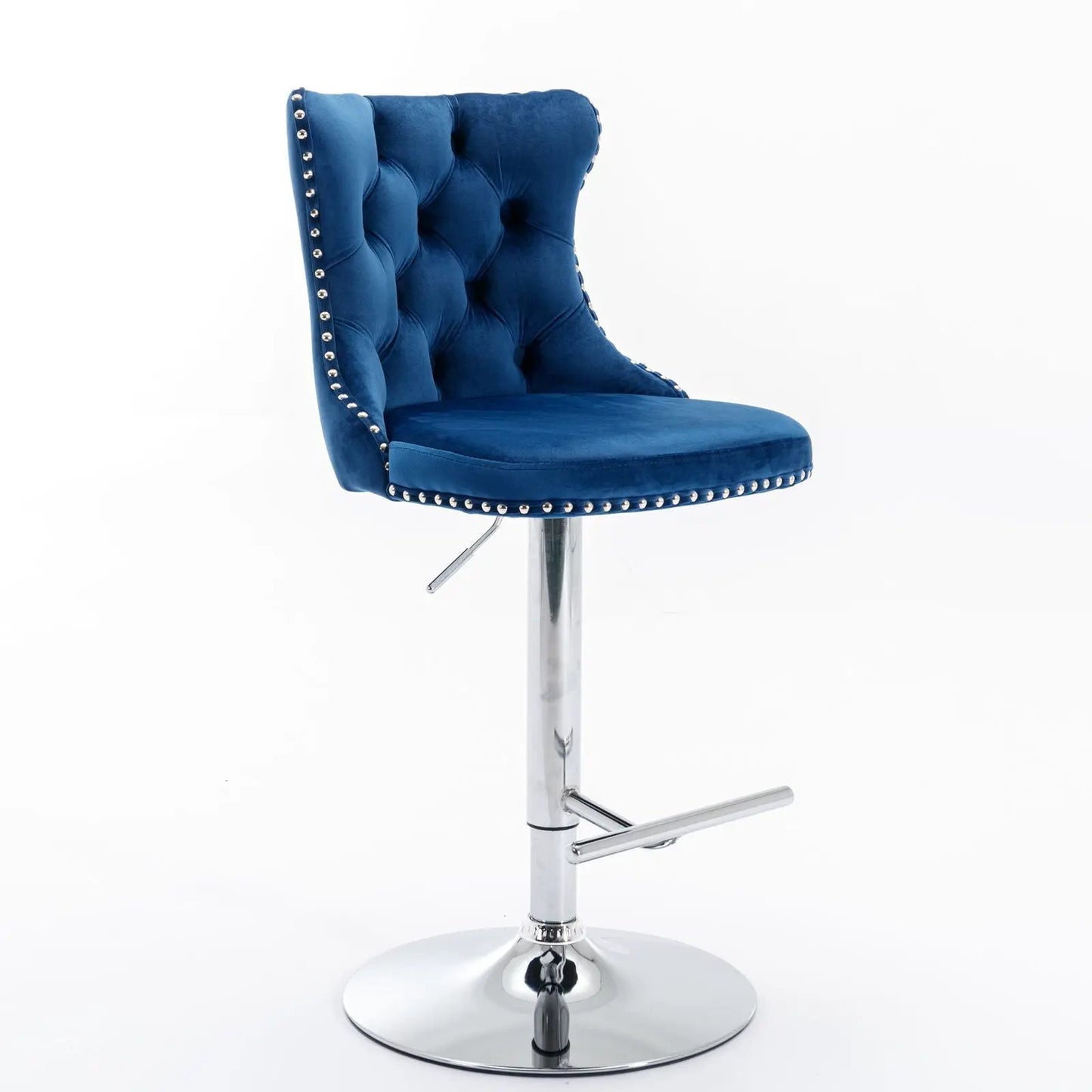 Swivel bar stool blue tufted, adjustable height 25–33 in, chrome base, studded trim on Tampa Home & Garden Store
