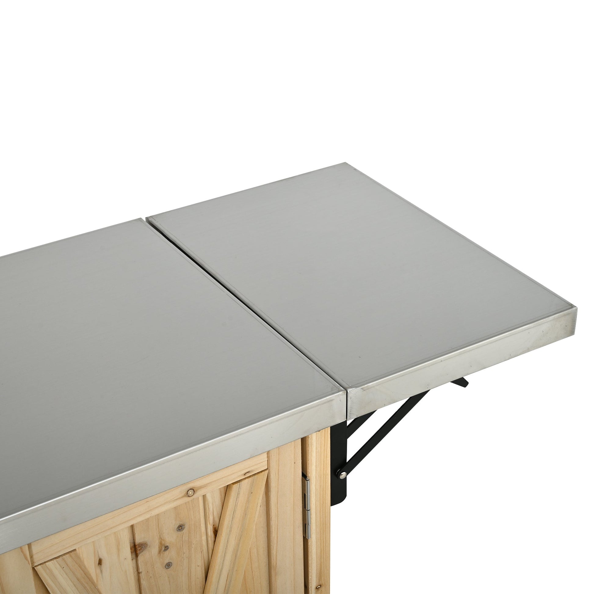 Foldable outdoor kitchen island with stainless steel top and wood slat base on Tampa Home & Garden Store