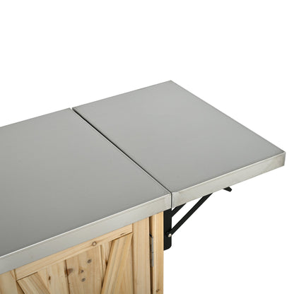 Foldable outdoor kitchen island with stainless steel top and wood slat base on Tampa Home & Garden Store