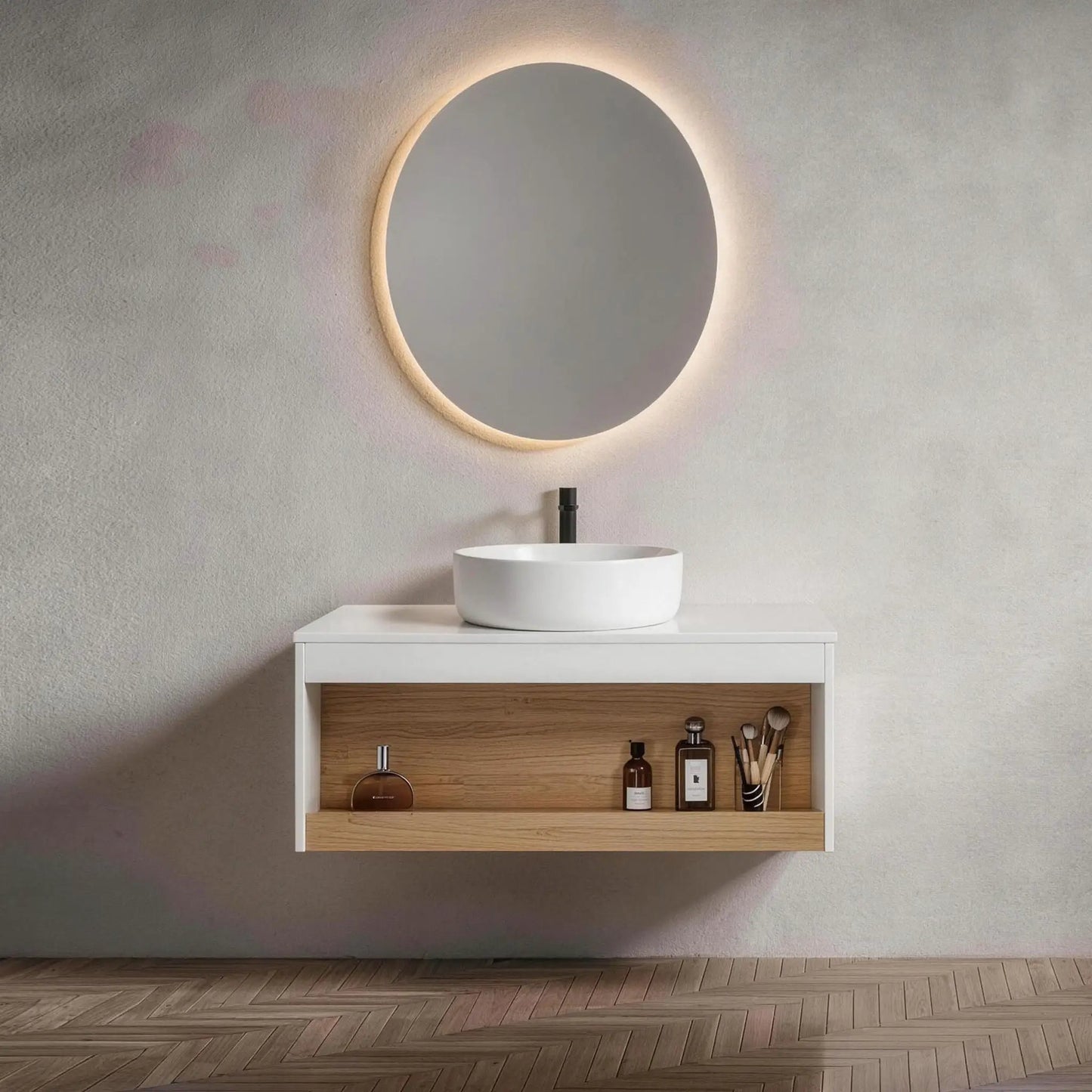 Floating bathroom vanity with glossy round vessel sink, black faucet, wall mirror on Tampa Home & Garden Store