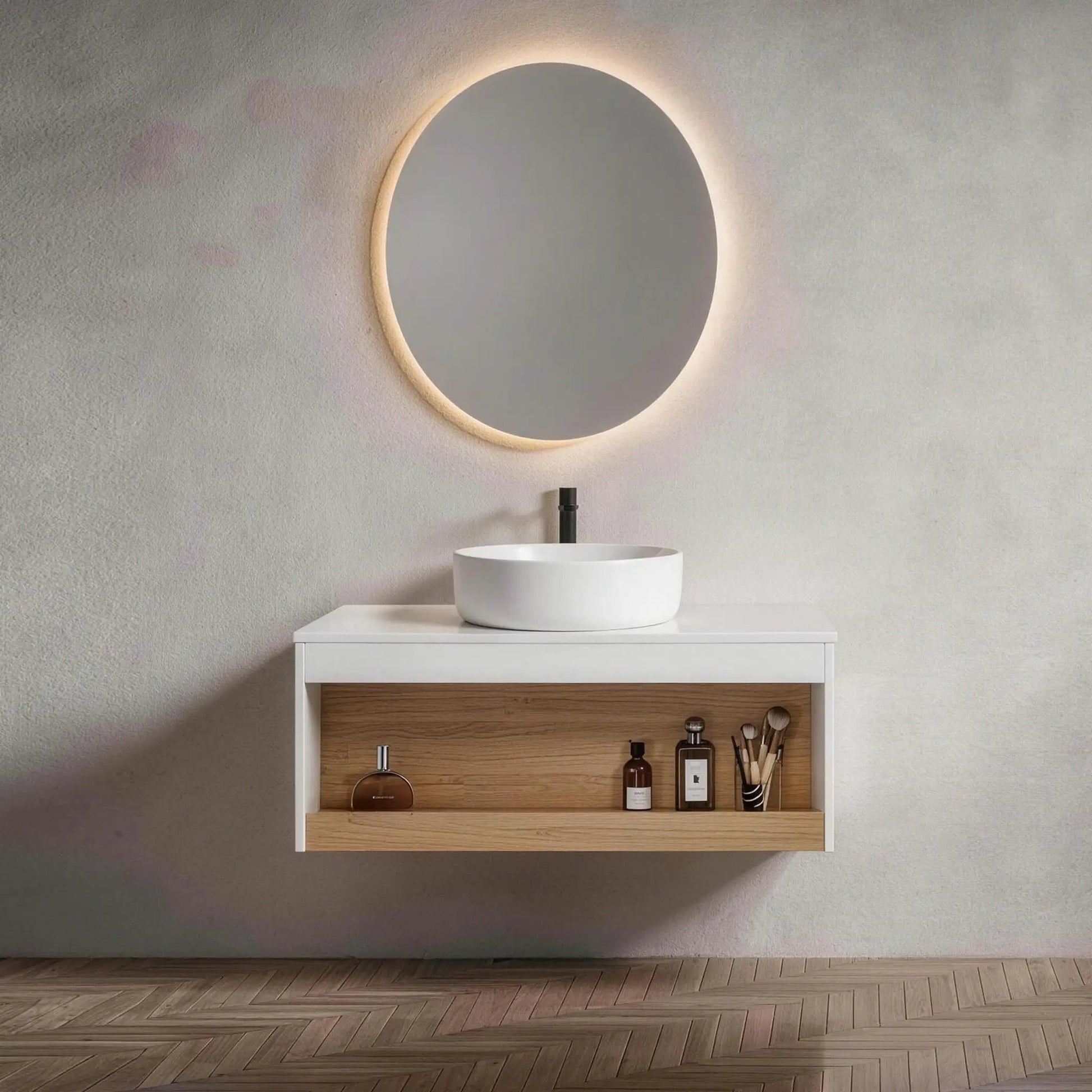 Floating bathroom vanity with glossy round vessel sink, black faucet, wall mirror on Tampa Home & Garden Store