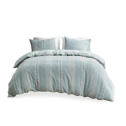 Cal King 3-piece cotton jacquard duvet cover set in aqua ivory, reversible pattern with 2 shams on Tampa Home & Garden Store