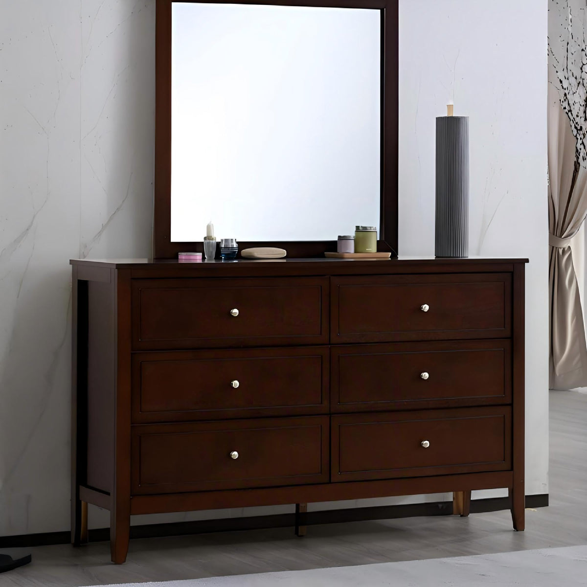 Spacious 6-drawer dresser in dark espresso wood with silver metal knobs and a large framed mirror on Tampa Home & Garden Store