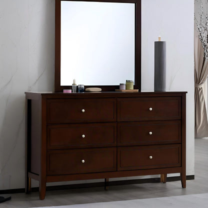Spacious 6-drawer dresser in dark espresso wood with silver metal knobs and a large framed mirror on Tampa Home & Garden Store