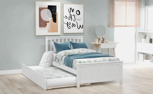 White twin-size platform bed with pull-out trundle, teal bedding in a modern bedroom on Tampa Home & Garden Store