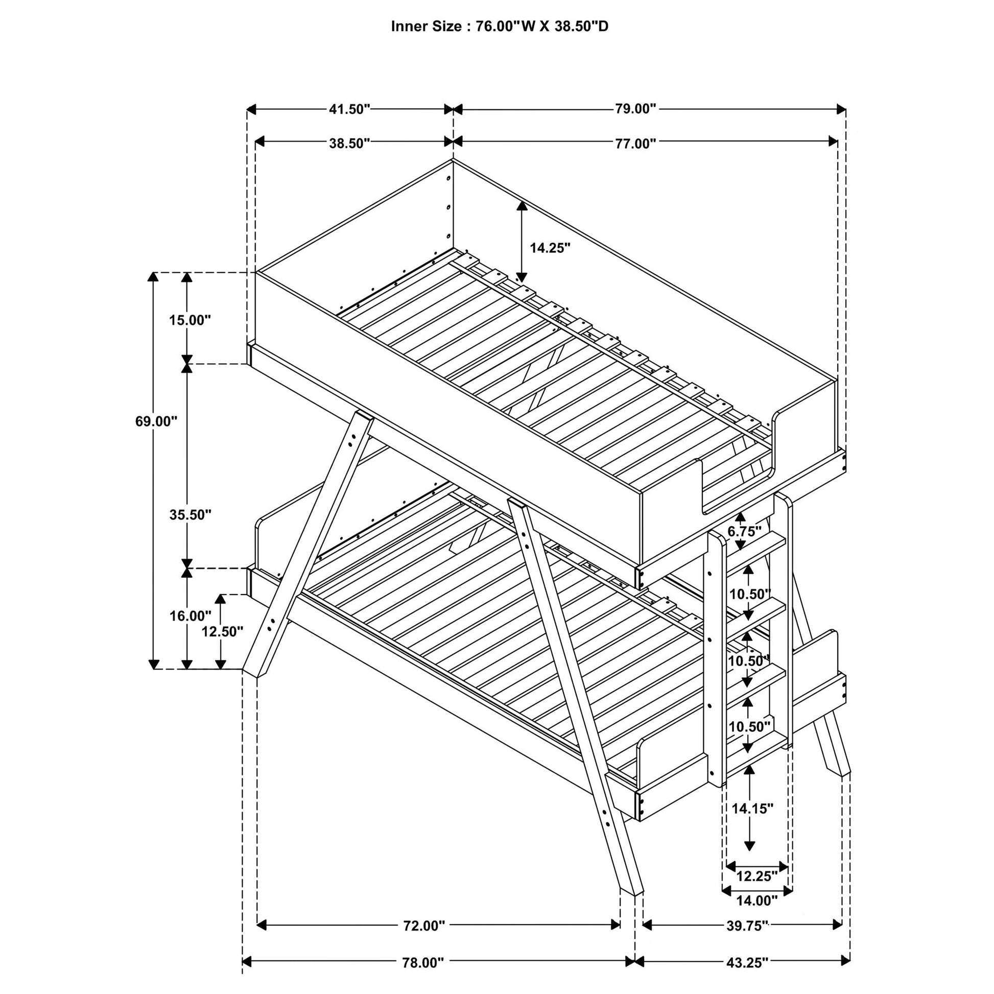 Hicks bunk bed diagram by HouseOfZazla, twin bunk bed frame with ladder and guard rails on Tampa Home & Garden Store