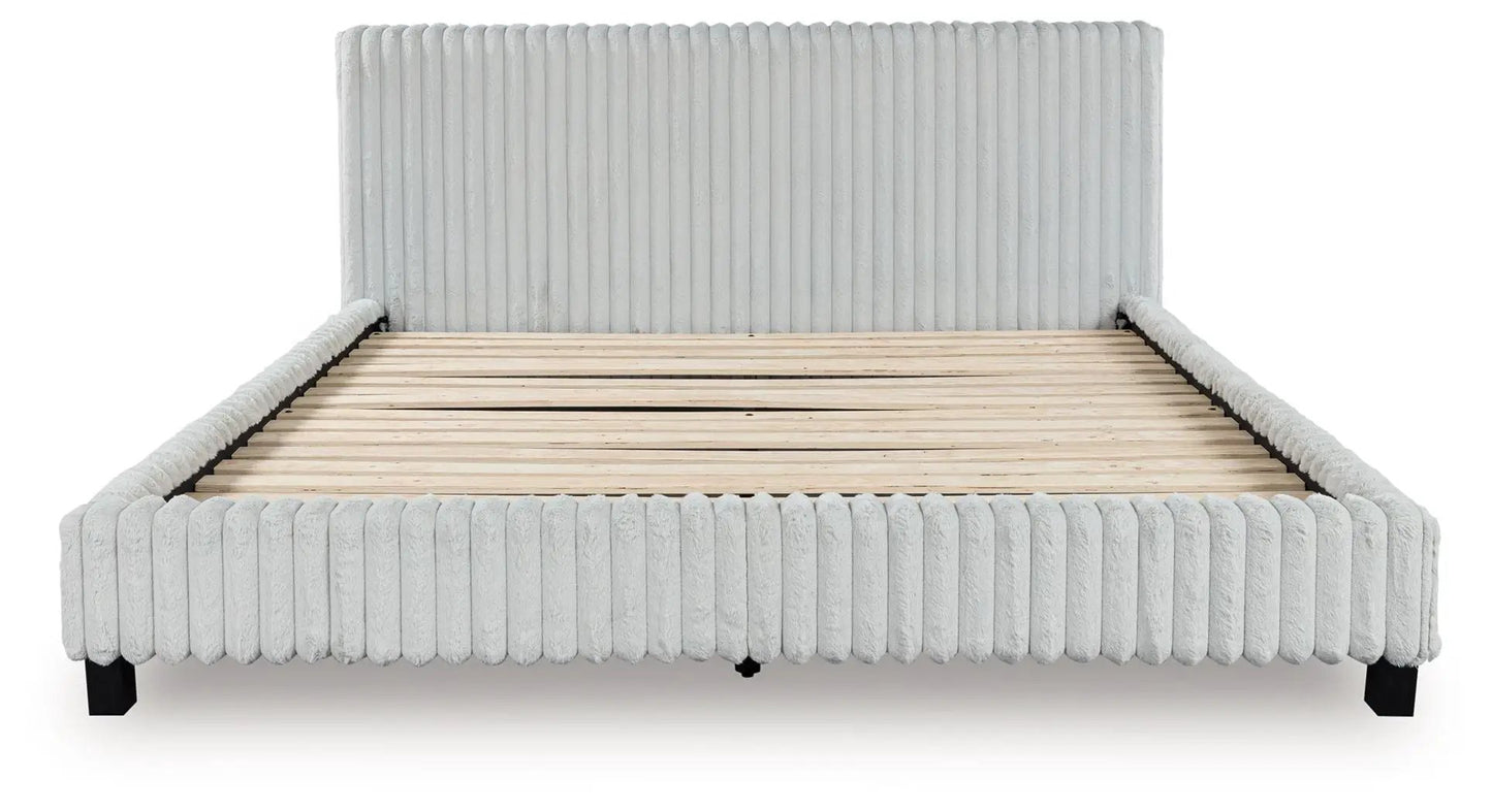 Zuraleus Upholstered Bed by Unique Piece Furniture in light gray fabric with tall headboard on Tampa Home & Garden Store