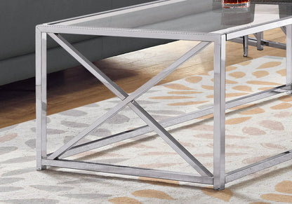 Rectangular chrome coffee table with glass top and cross-brace legs, Unique Piece Furniture on Tampa Home & Garden Store