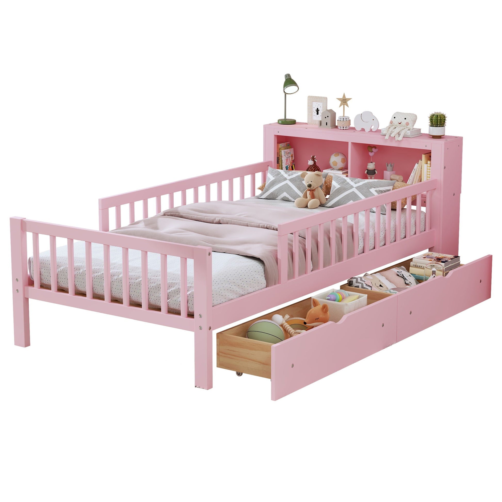 Bed with headboard storage rack pink, 2 under-bed drawers, 3 side guardrails, HouseOfZazla on Tampa Home & Garden Store