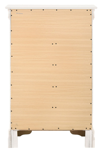 Louis Phillipe Accent Chest back view in light wood veneer with white top trim and exposed screws along edges on Tampa Home & Garden Store