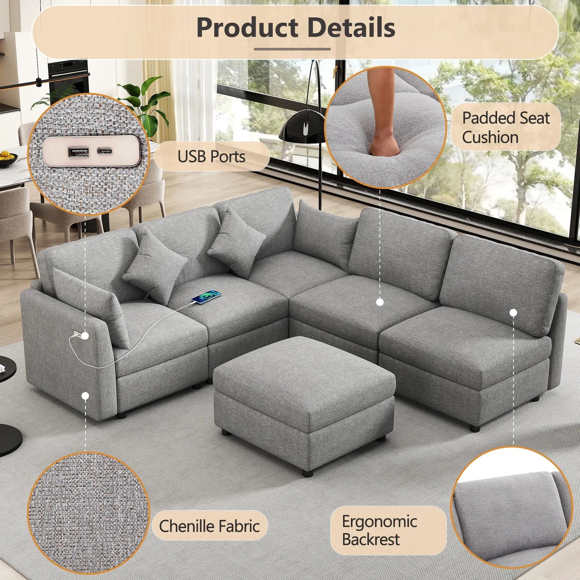 Sectional sofa modular U-shaped with ottoman and USB ports gray chenille fabric on Tampa Home & Garden Store