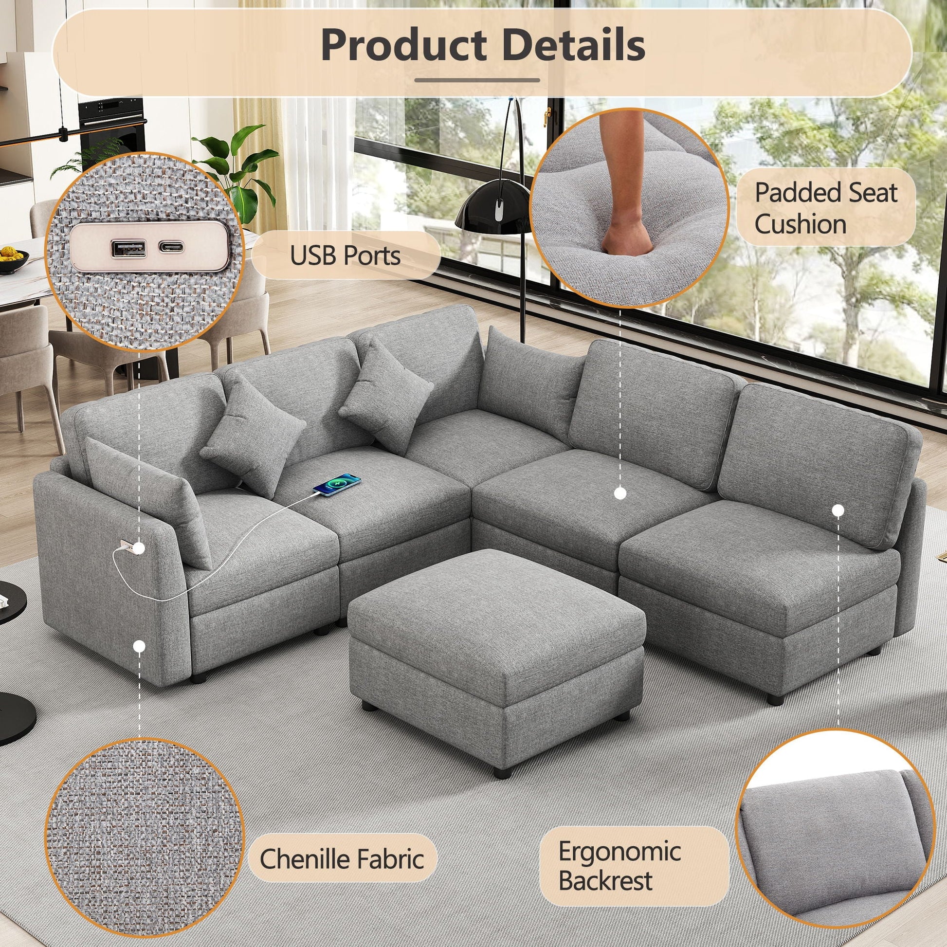 HouseOfZazla 2-piece sectional sofa modular U-shaped with ottoman and USB ports in grey chenille on Tampa Home & Garden Store