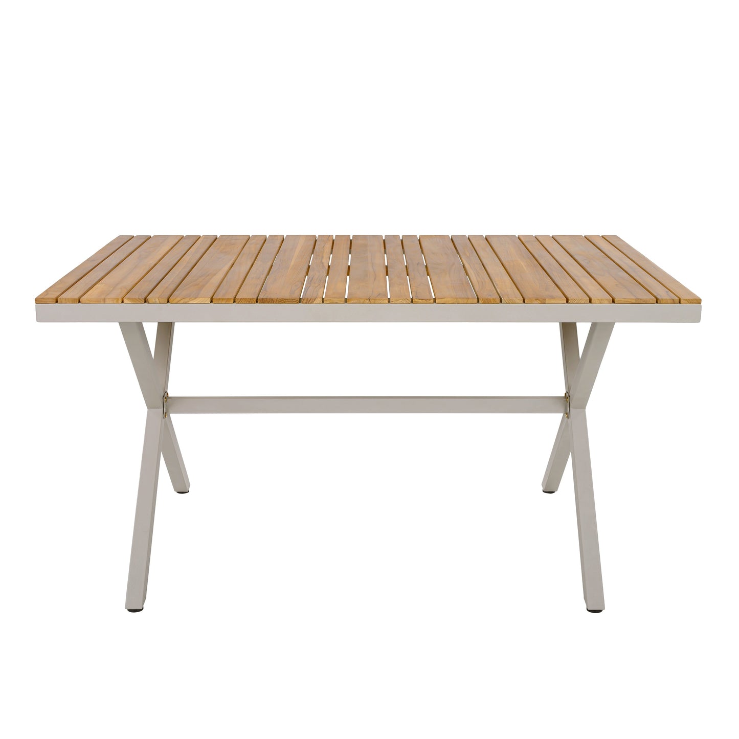 Rectangular teak wood dining table with slatted top and gray legs for outdoor use on Tampa Home & Garden Store