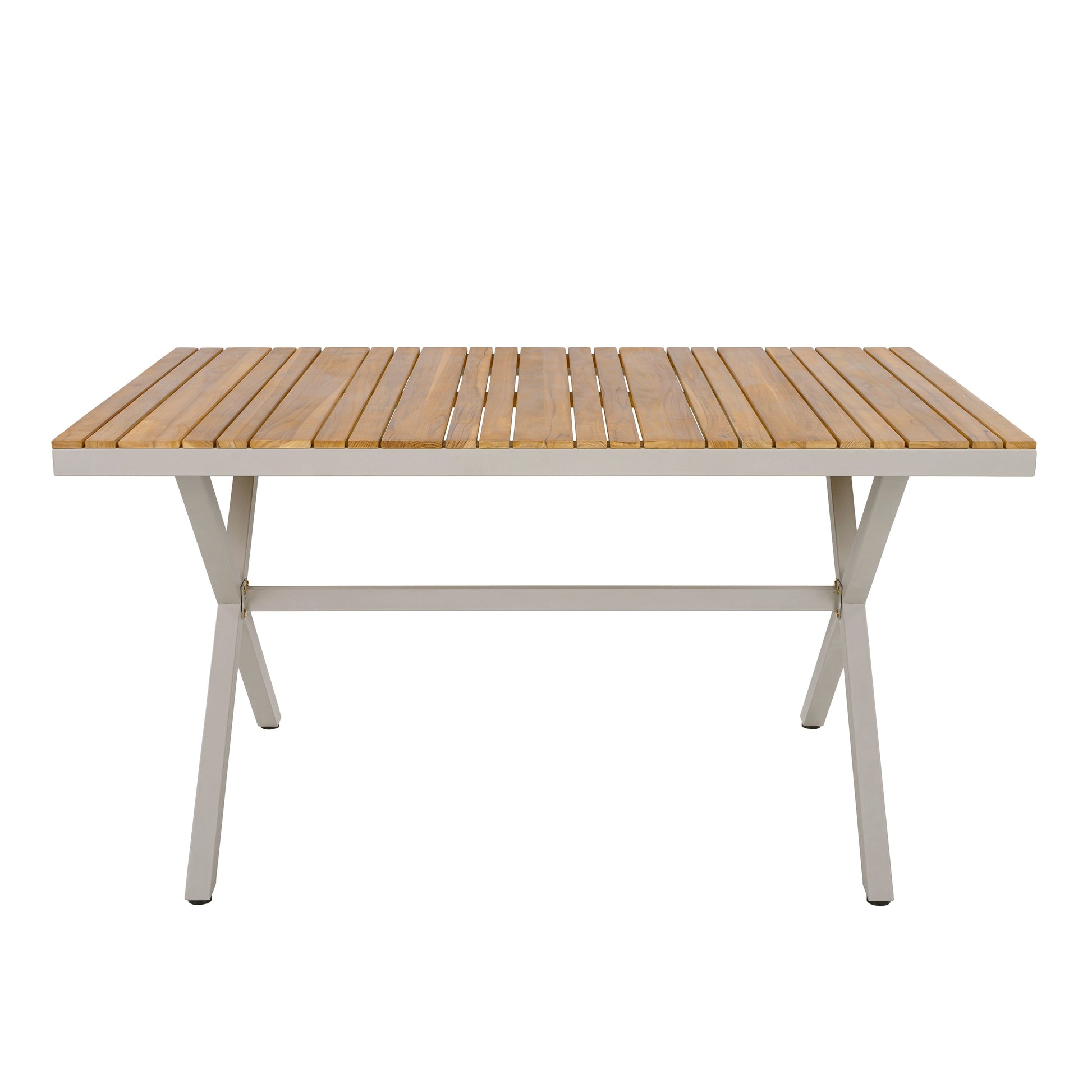 Rectangular teak wood dining table with slatted top and gray legs for outdoor use on Tampa Home & Garden Store
