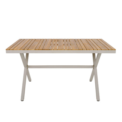Rectangular teak wood dining table with slatted top and gray legs for outdoor use on Tampa Home & Garden Store