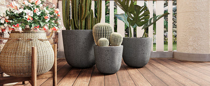 U_STYLE lightweight MGO planters set of 3 in textured gray pots with cacti on a wooden deck on Tampa Home & Garden Store