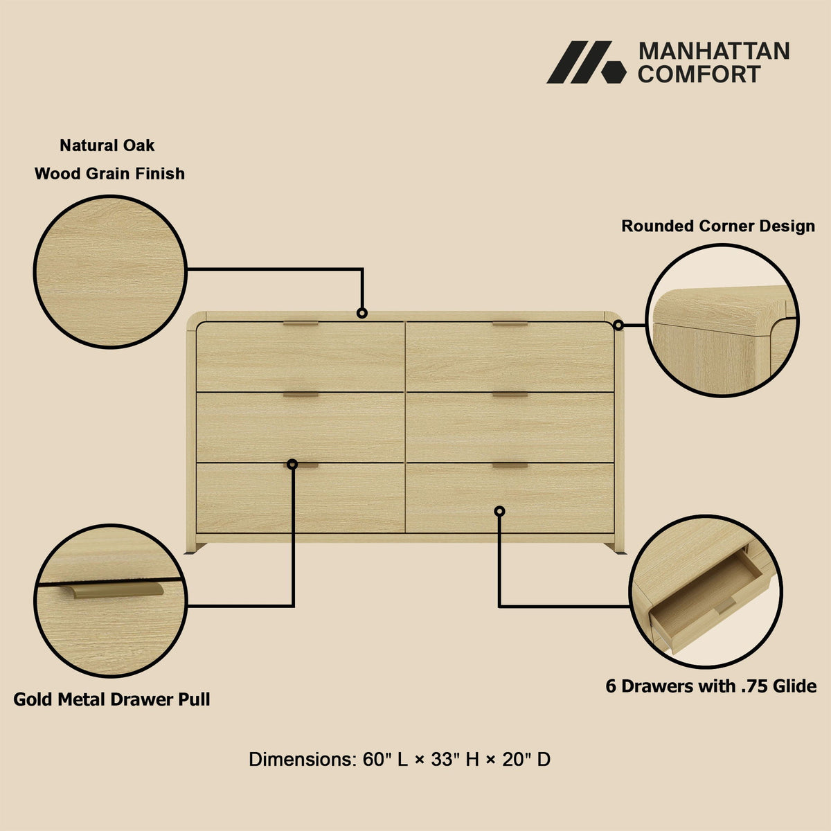 Oak double dresser with 6 drawers in natural oak, rounded corners, gold pulls on Tampa Home & Garden Store