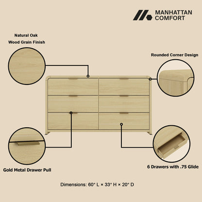 Oak double dresser with 6 drawers in natural oak, rounded corners, gold pulls on Tampa Home & Garden Store
