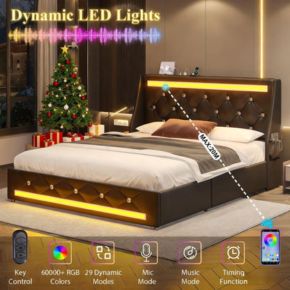 Wingback Upholstered Bed Frame Led and Usb