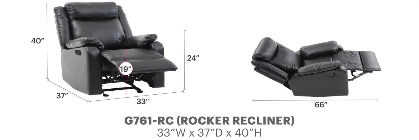 Ward rocker recliner by Unique Piece Furniture in black leather with padded arms, 33W x 37D x 40H on Tampa Home & Garden Store
