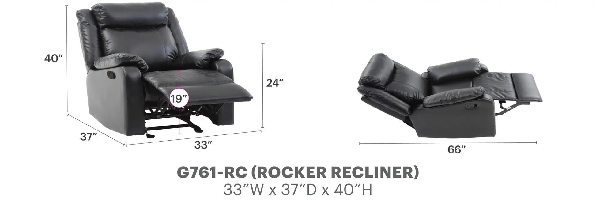 Ward rocker recliner by Unique Piece Furniture in black leather with padded arms, 33W x 37D x 40H on Tampa Home & Garden Store