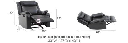 Ward rocker recliner by Unique Piece Furniture in black leather with padded arms, 33W x 37D x 40H on Tampa Home & Garden Store