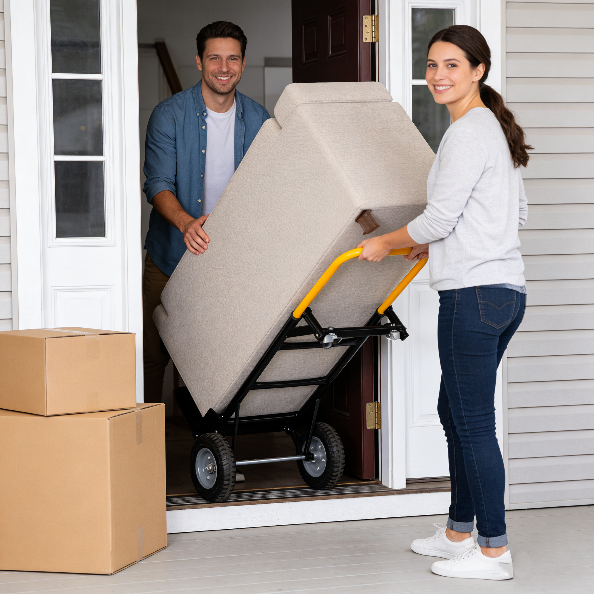 Heavy Duty Hand Truck Dolly Cart beige with yellow handle moving boxes at doorway on Tampa Home & Garden Store